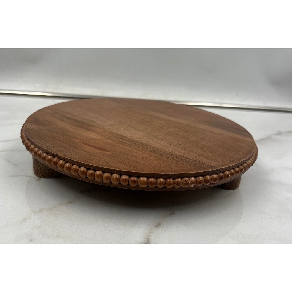 Handcrafted Wood Pedestal Riser Beaded Edge Round Display Tray Made in India